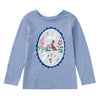 A light blue long-sleeve crewneck shirt for kids, featuring a large central graphic print of a whimsical cat and mushroom scene inside an oval frame.