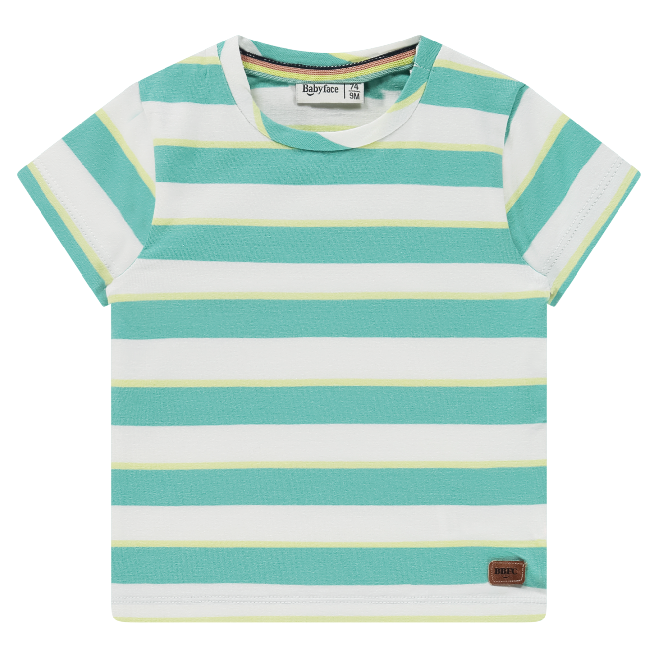 Striped t-shirt with green, yellow and white horizontal stripes 