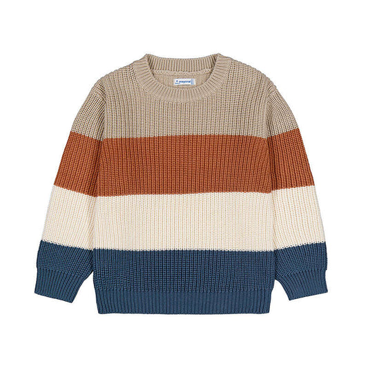 Color-blocked sweater with brown, beige, and blue stripes for boys
