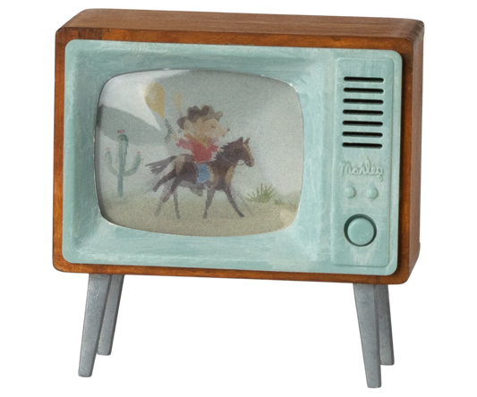 Vintage-style toy television with a cowboy on a horse screen