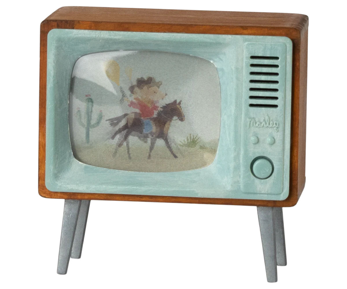 Vintage-style toy television with a cowboy on a horse screen