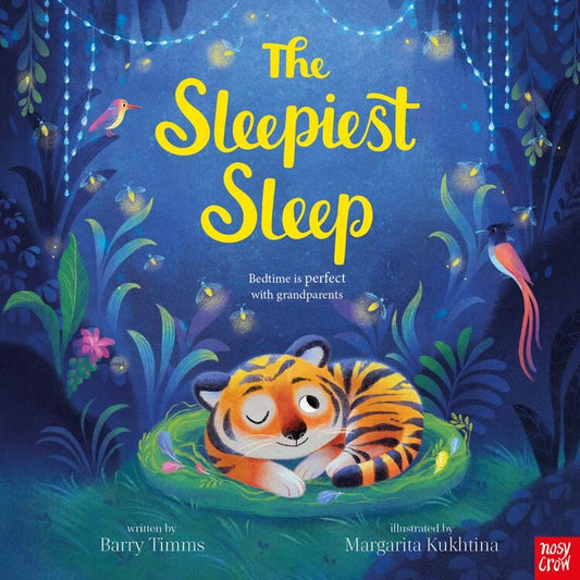 Book cover of 'The Sleepiest Sleep' with a tiger illustration and nighttime forest scene.