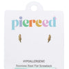 Feather-shaped earrings on a 'pierceed' branded card with a light blue background