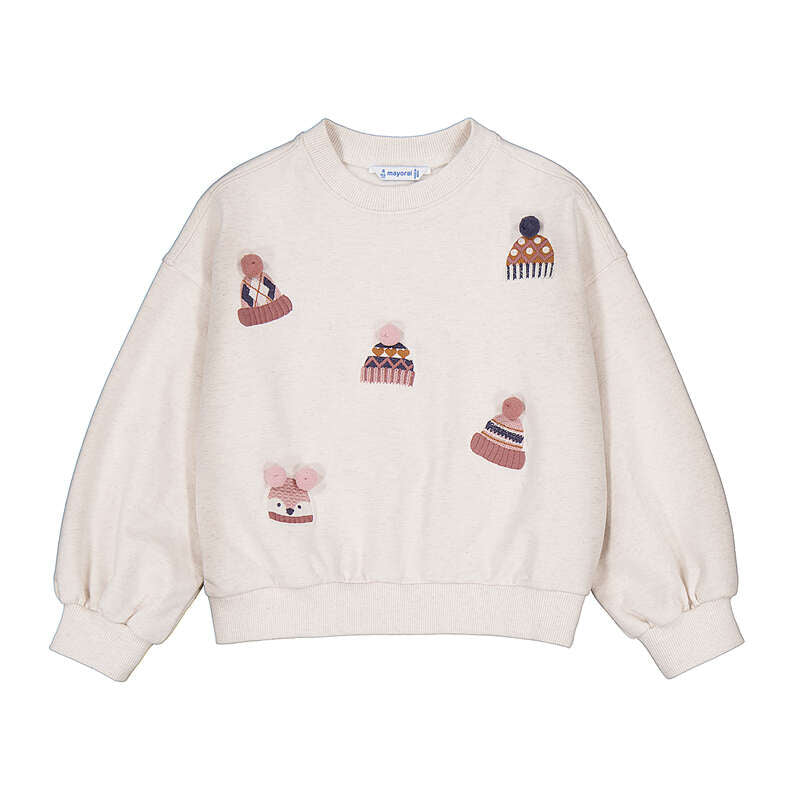 Beige sweatshirt with embroidered hats on a white background