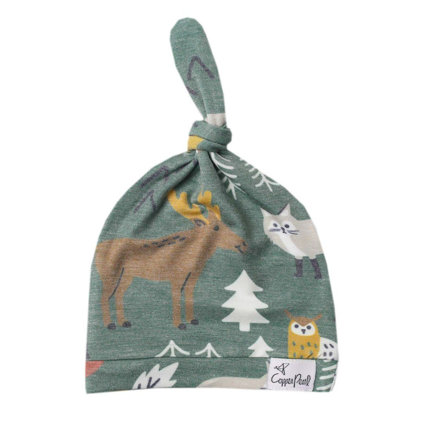Green baby top knot hat with woodland animal prints