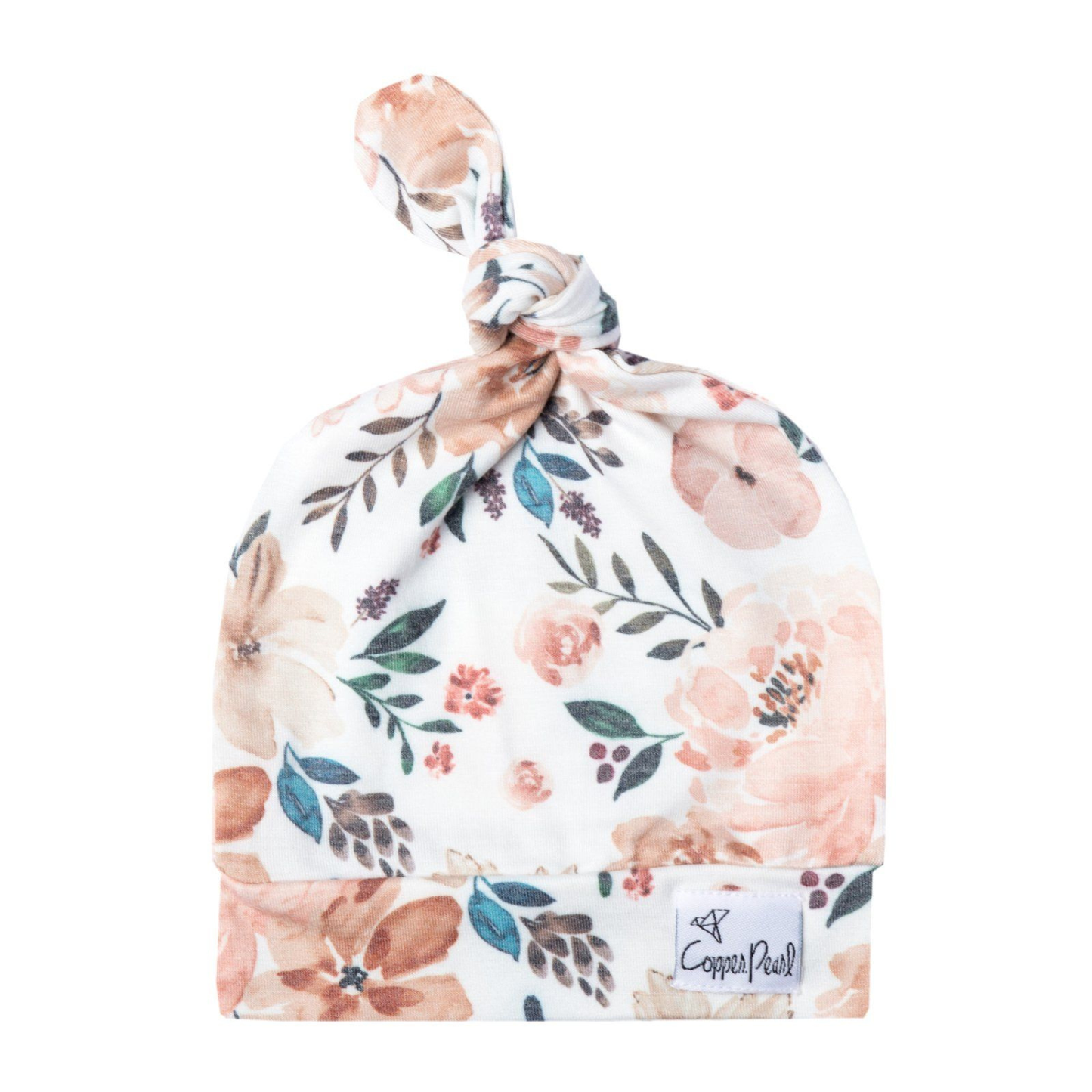 White baby top knot hat with peach floral print