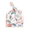 White baby top knot hat with peach floral print