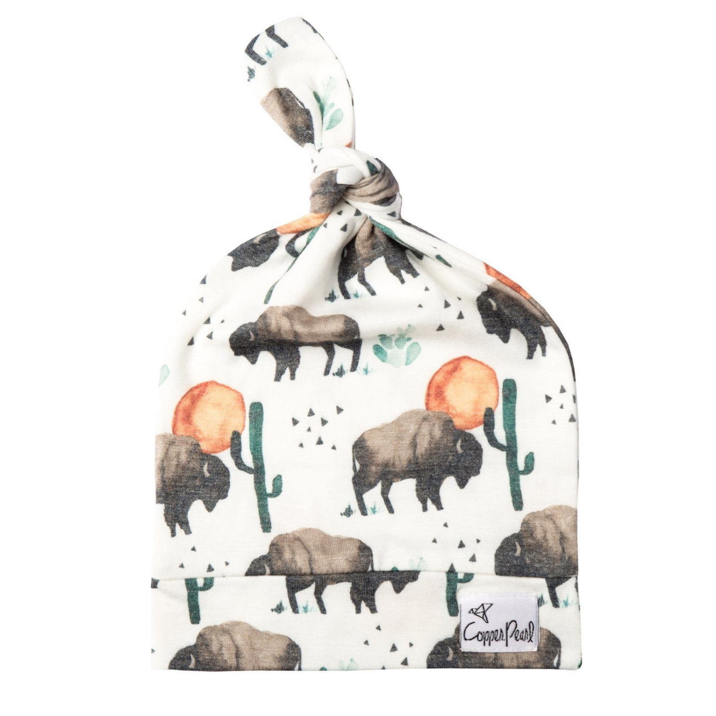 White baby top knot hat with bison and cactus prints
