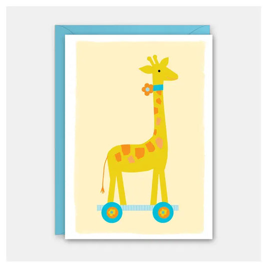 Illustration of a giraffe on a scooter with a blue border on a yellow background