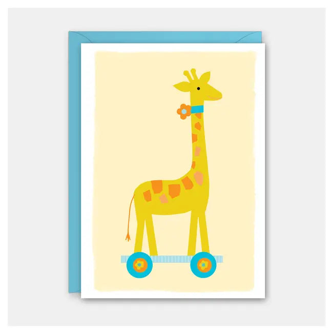 Illustration of a giraffe on a scooter with a blue border on a yellow background
