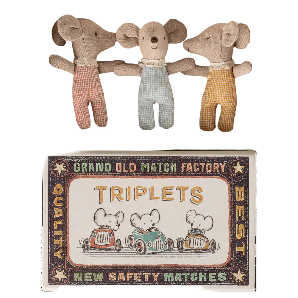 Three toy mice in a matchbox with a vintage-style matchbox label.
