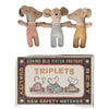 Three toy mice in a matchbox with a vintage-style matchbox label.