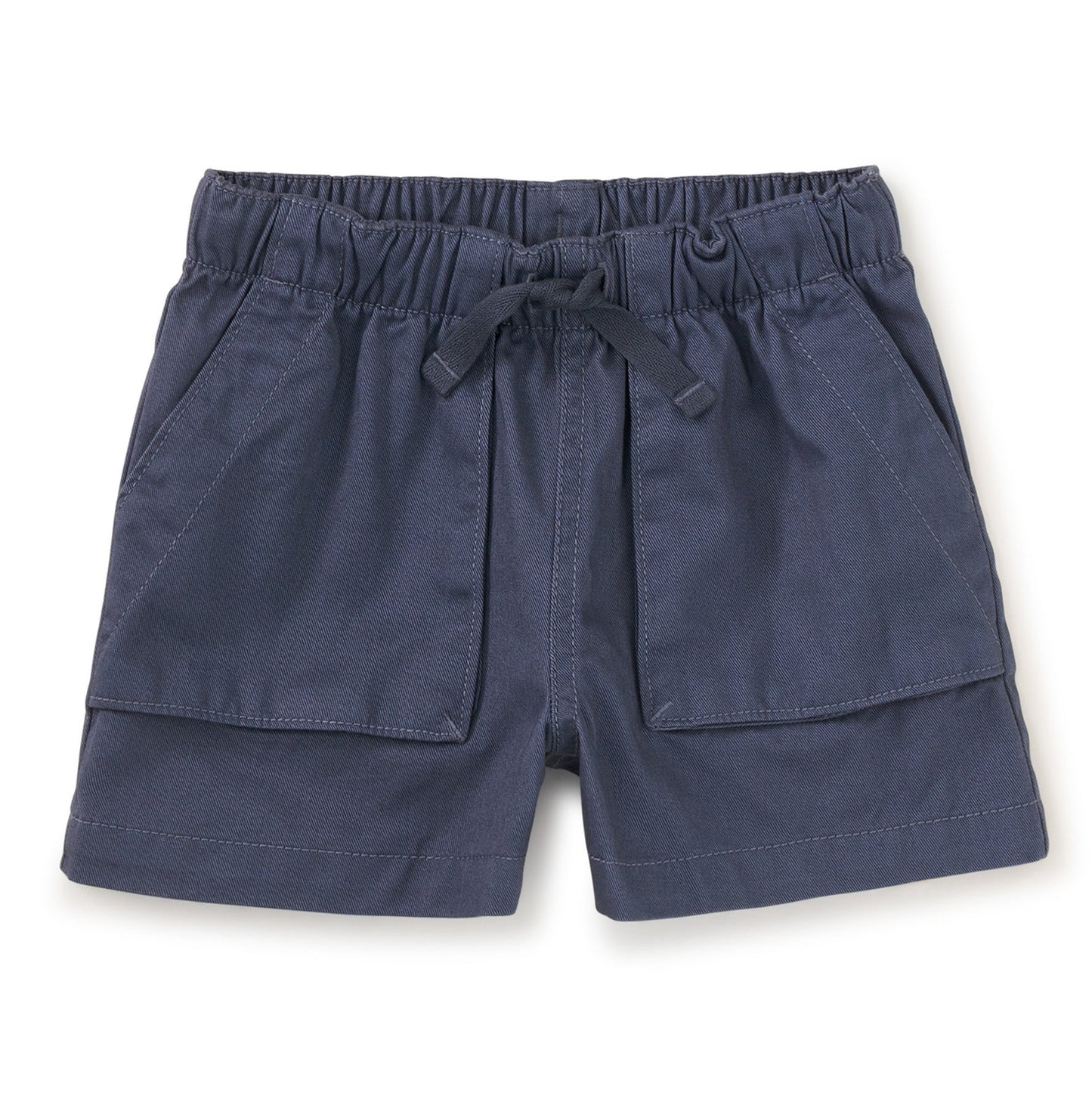 A pair of blue camp shorts for girls, with an elastic waistband and functional drawcord, made of 100% cotton twill.
