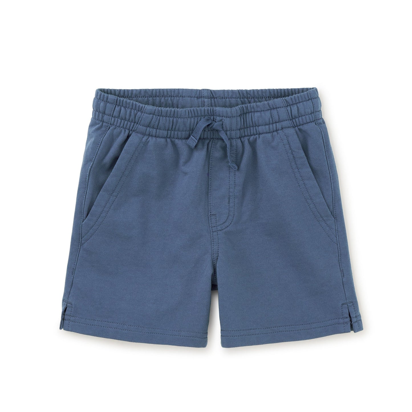 A pair of blue knit shorts with an elastic waistband and drawstring, featuring two front pockets and one back patch pocket.