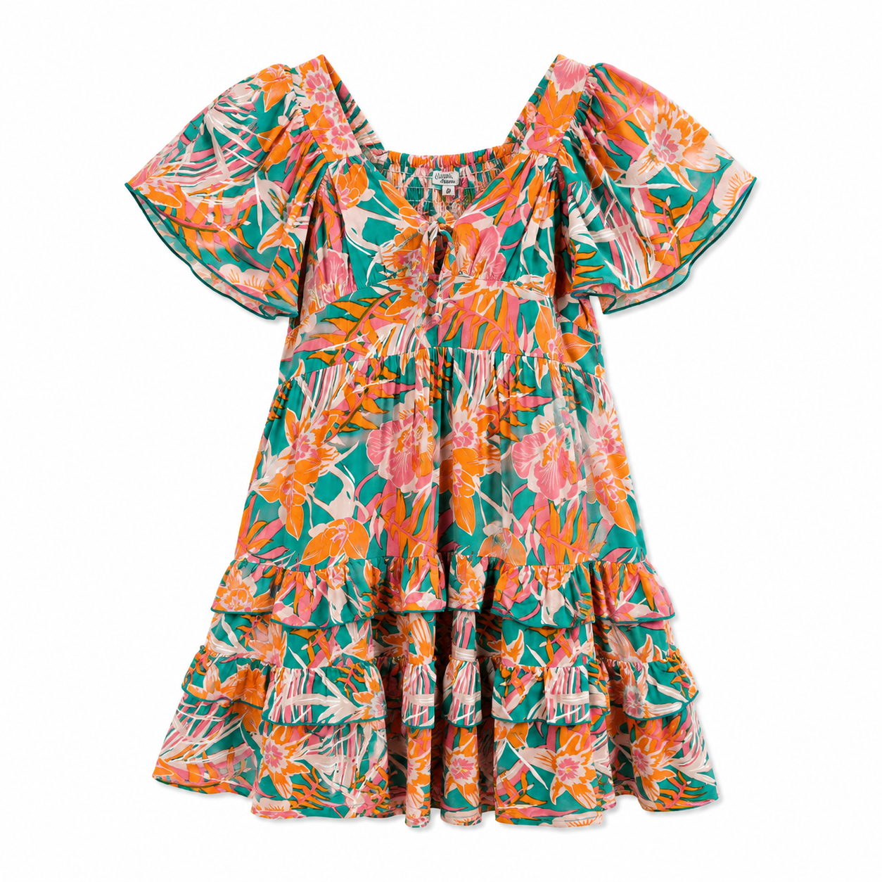 Colorful floral dress with ruffled sleeves on a white background