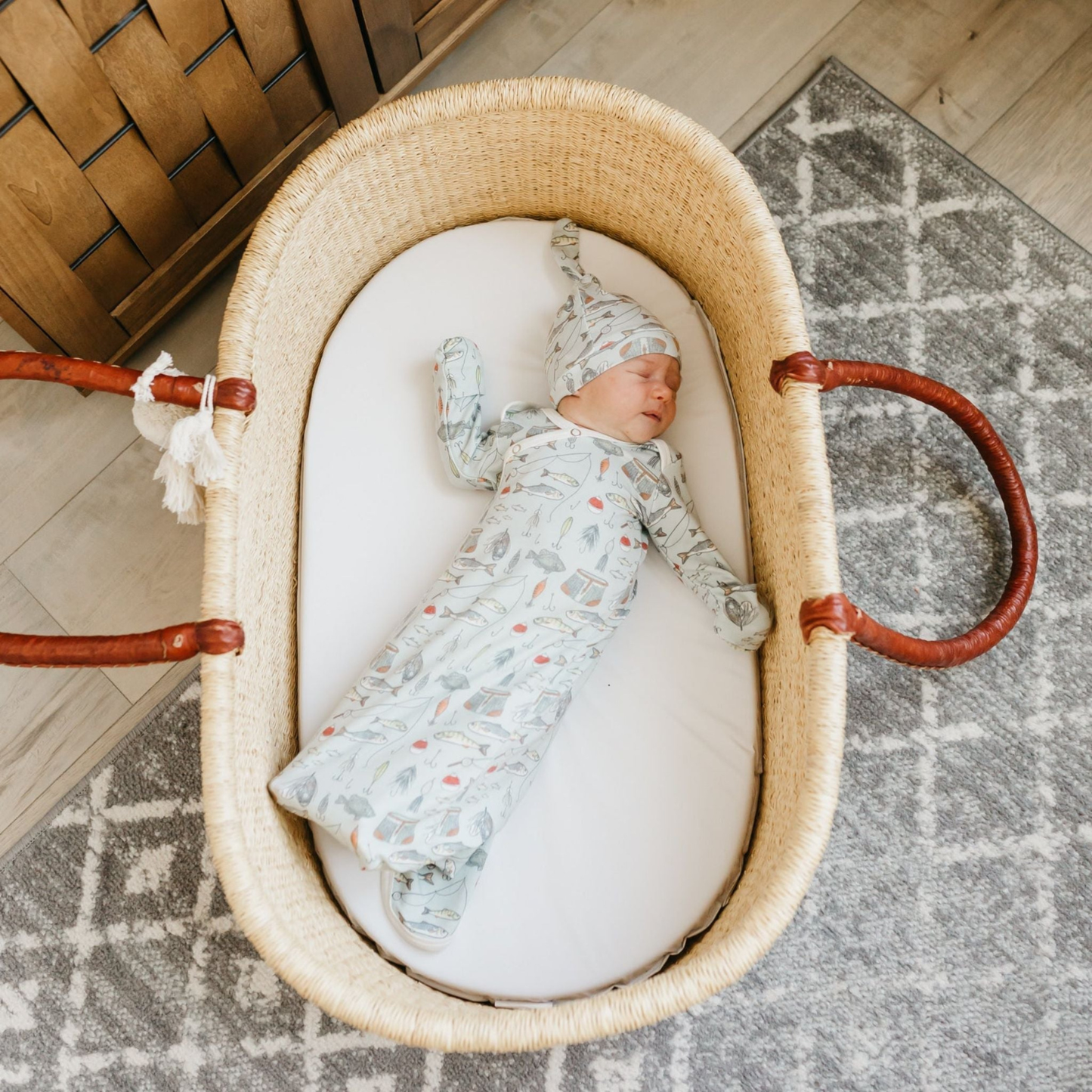 Light blue baby knotted gown with fishing print
