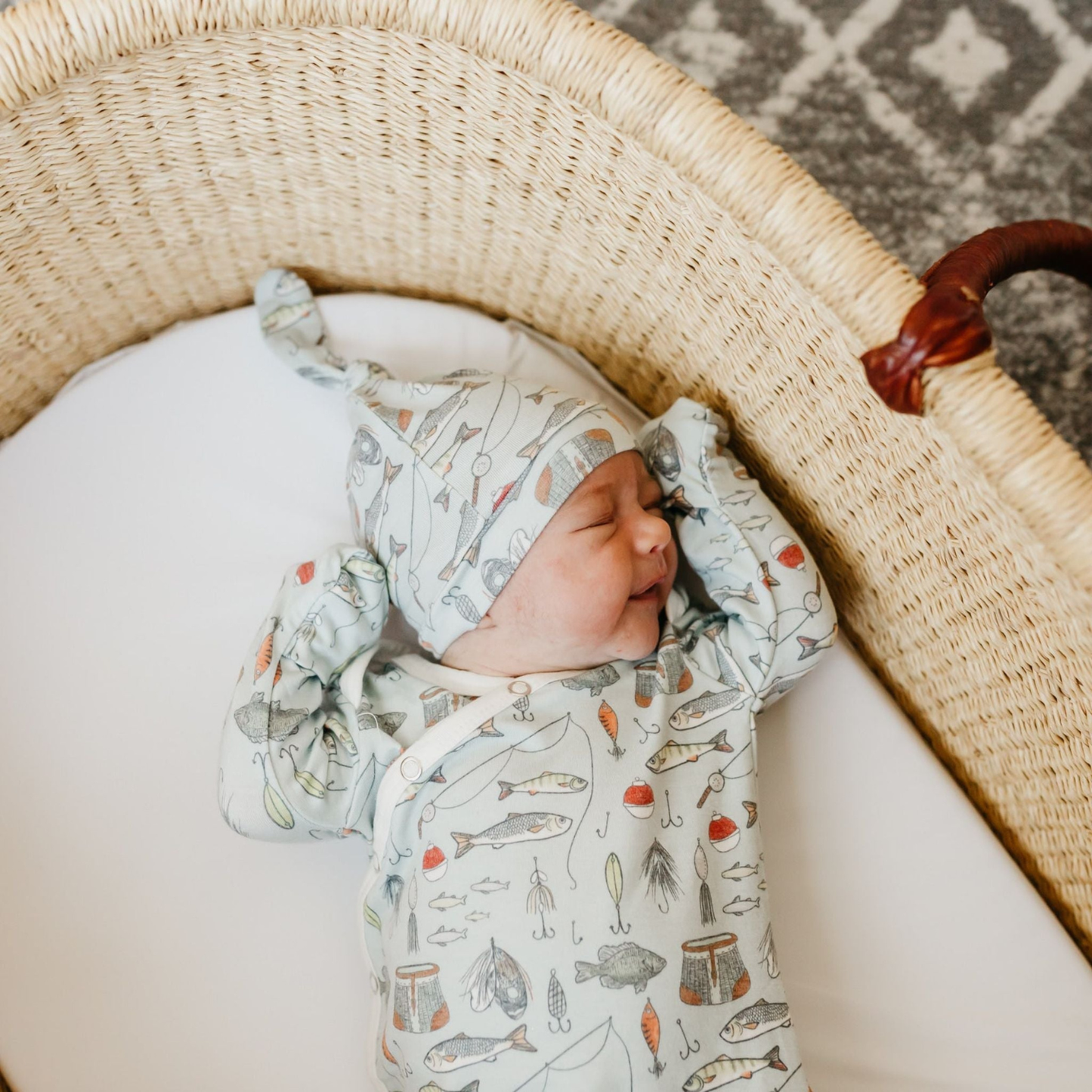 Light blue baby knotted gown with fishing print