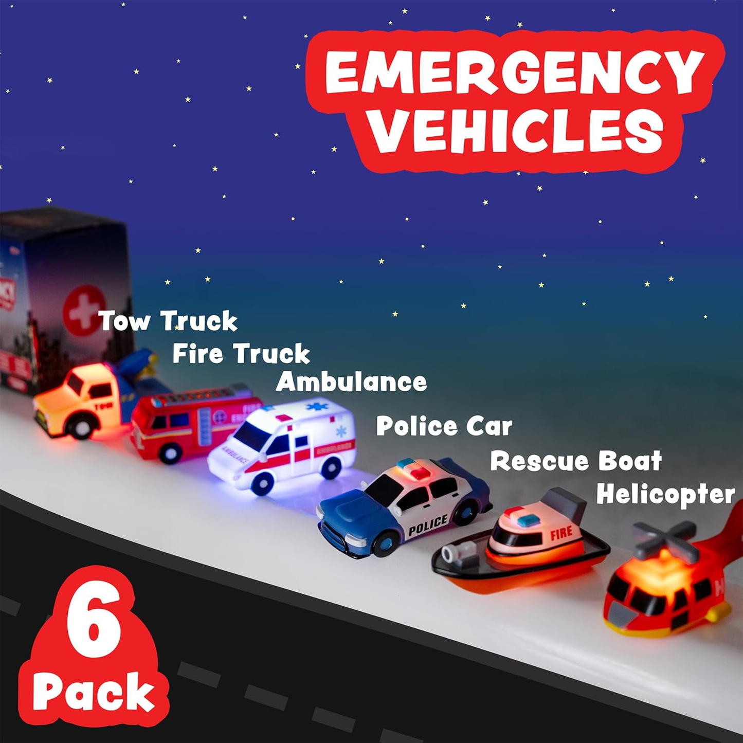 Six colorful light-up emergency vehicle toys on white background