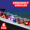 Six colorful light-up emergency vehicle toys on white background