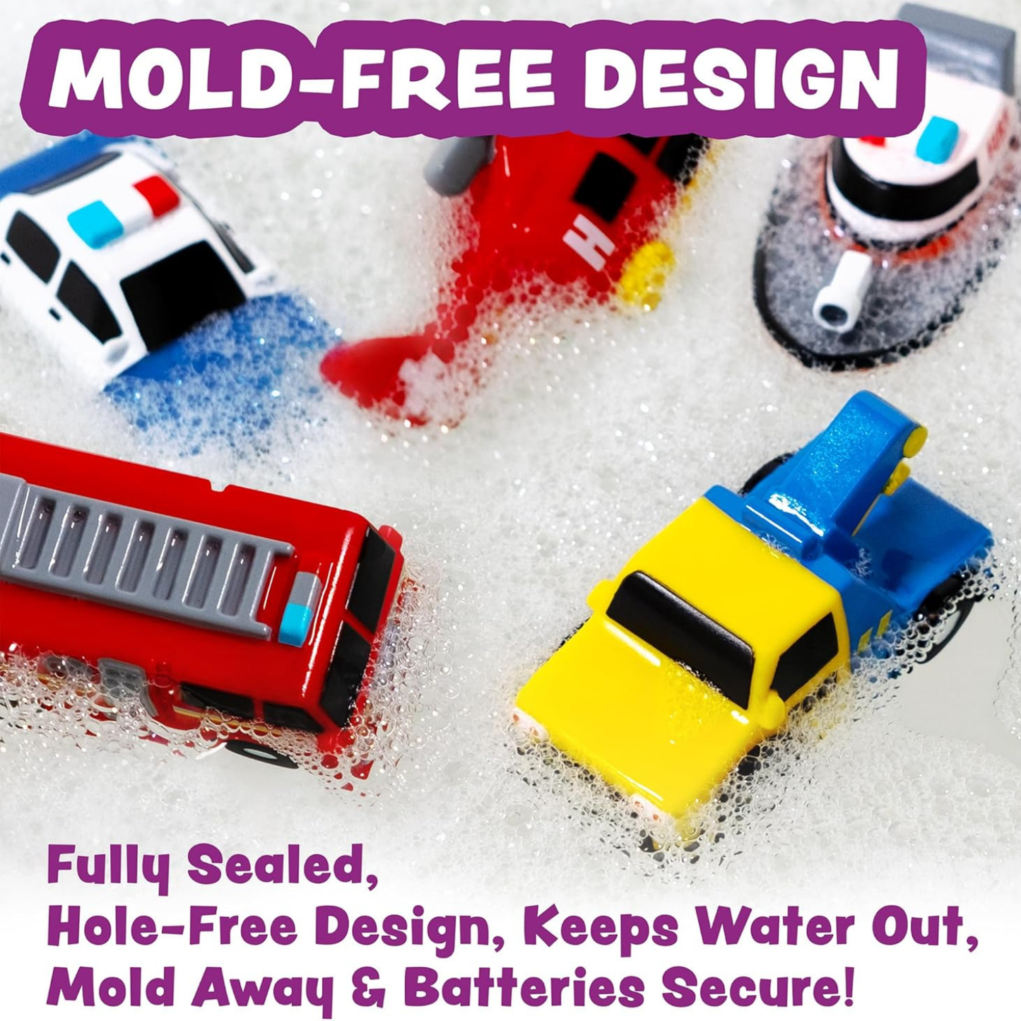 Six colorful light-up emergency vehicle toys on white background