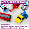 Six colorful light-up emergency vehicle toys on white background