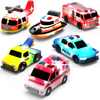 Six colorful light-up emergency vehicle toys on white background