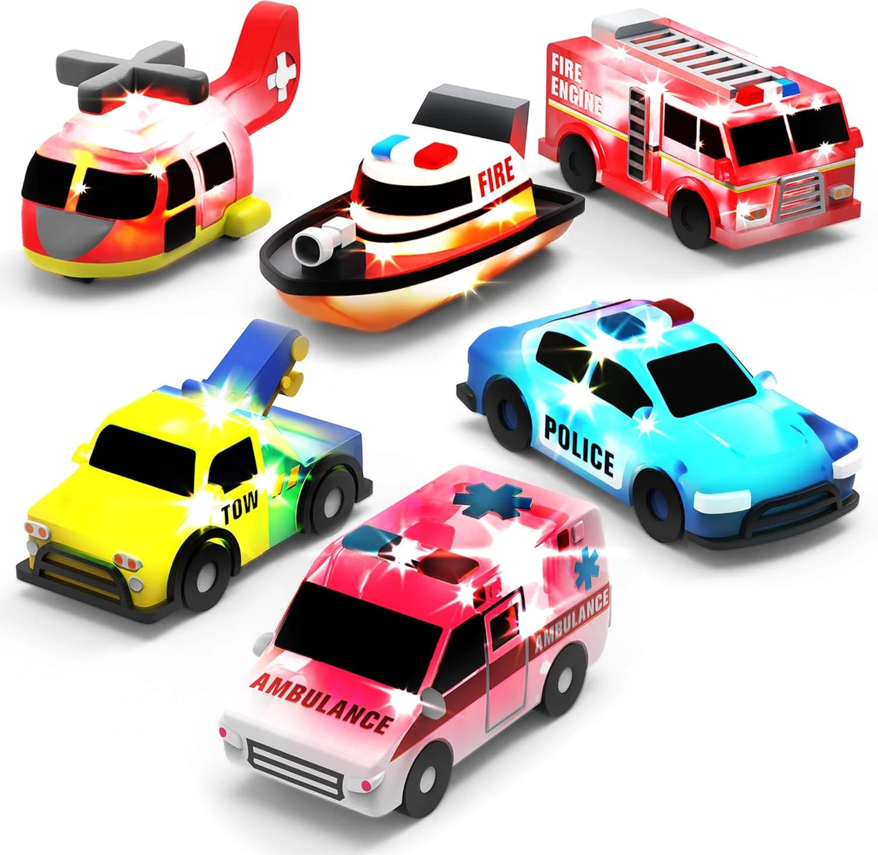 Set of toy emergency vehicles including a helicopter, boat, fire truck, tow truck, police car, and ambulance on a white background.