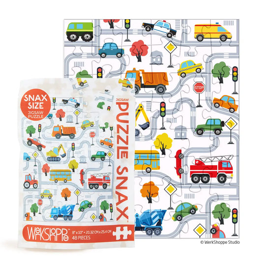 Children's puzzle with vehicles and road design.