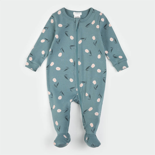 Teal ribbed baby footie with light pink tulips