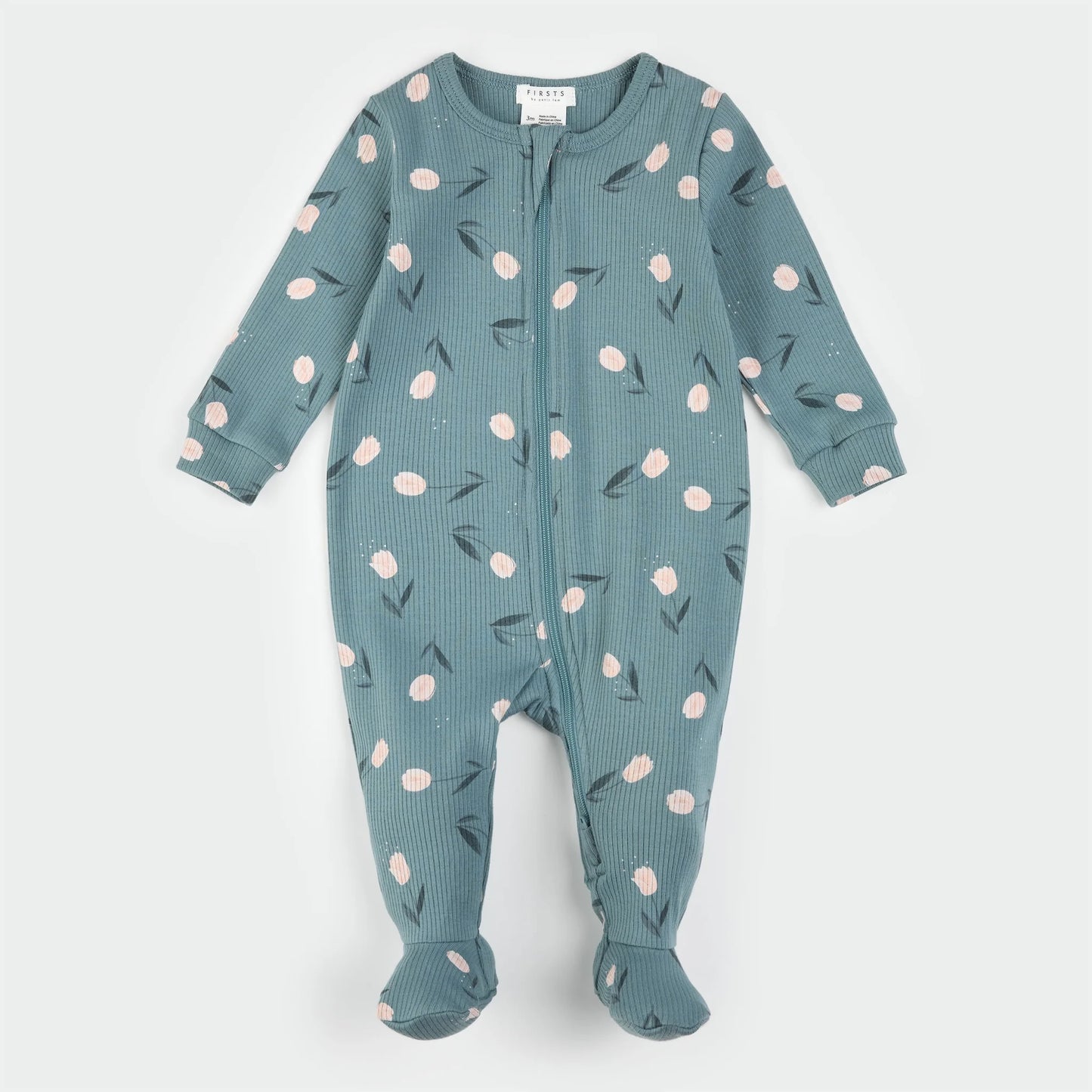Teal ribbed baby footie with light pink tulips