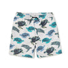Gray-ish swim shorts with blue turtle pattern