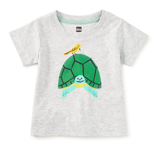 Gray t-shirt with a turtle design on a white background