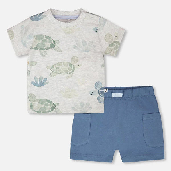 Children's t-shirt with turtle design and blue shorts on a white background
