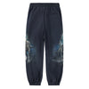 Dark blue pants with a wolf graphic on a white background
