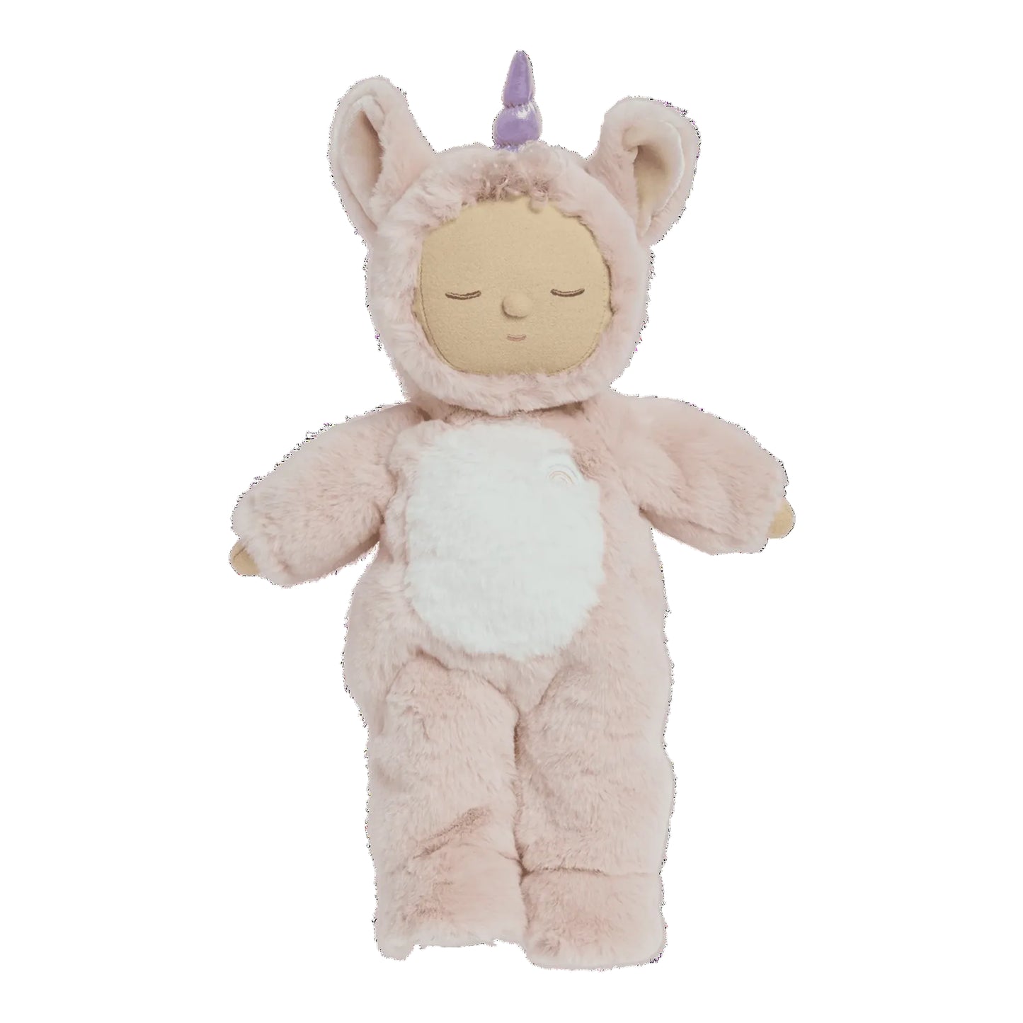 Plush toy in a pink unicorn costume on a white background