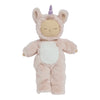 Plush toy in a pink unicorn costume on a white background