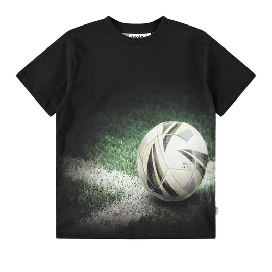 Black t-shirt with a soccer graphic on a grass field