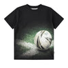 Black t-shirt with a soccer graphic on a grass field