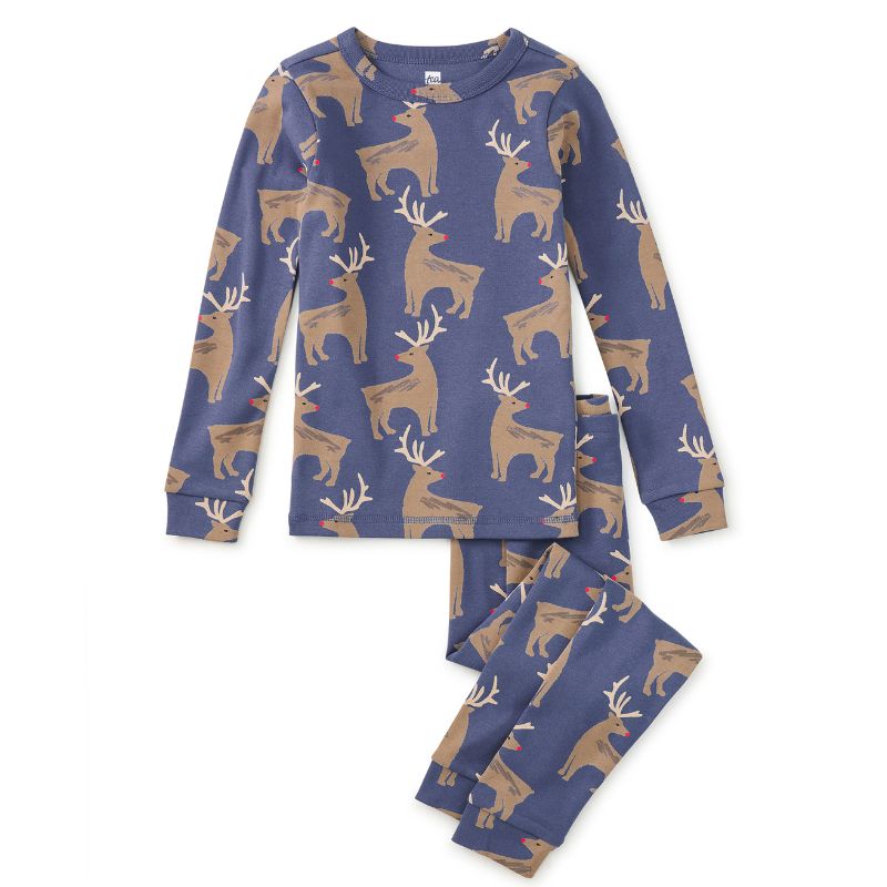Children's pajama set with deer pattern on a blue background