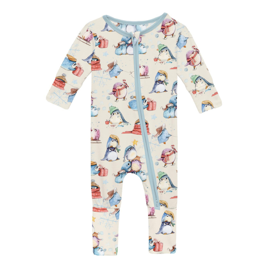 Natural Silly Penguins Zip Flip Romper