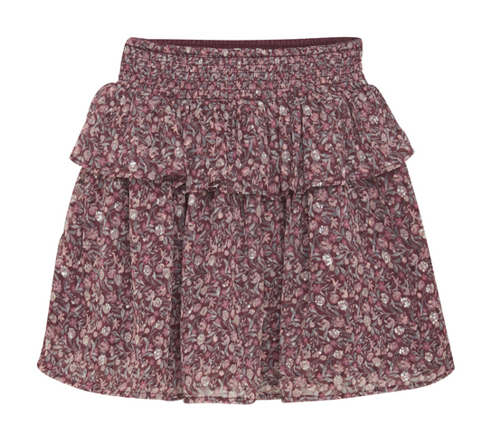 A wine red floral skirt with a smocked waistband and ruffled layers.