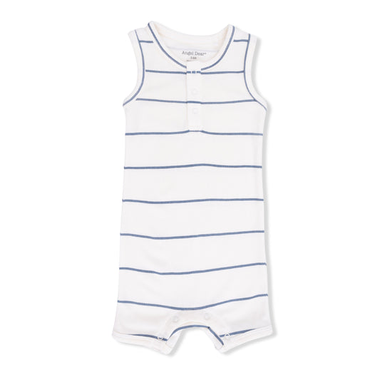 White sleeveless romper with blue stripes 