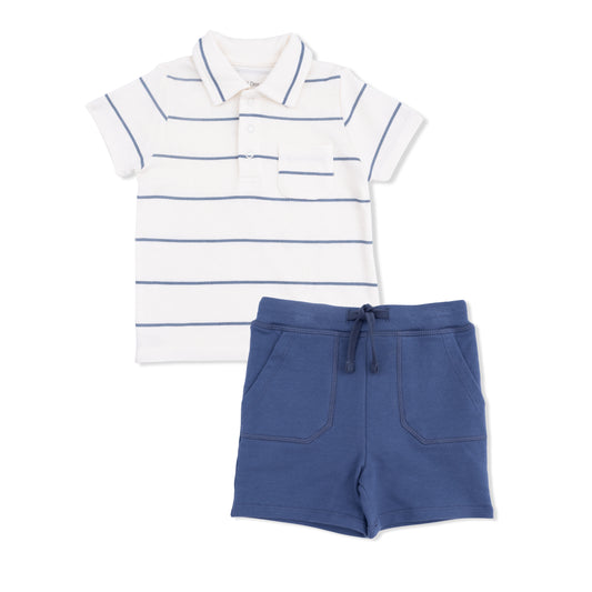 Striped polo shirt and blue shorts set 