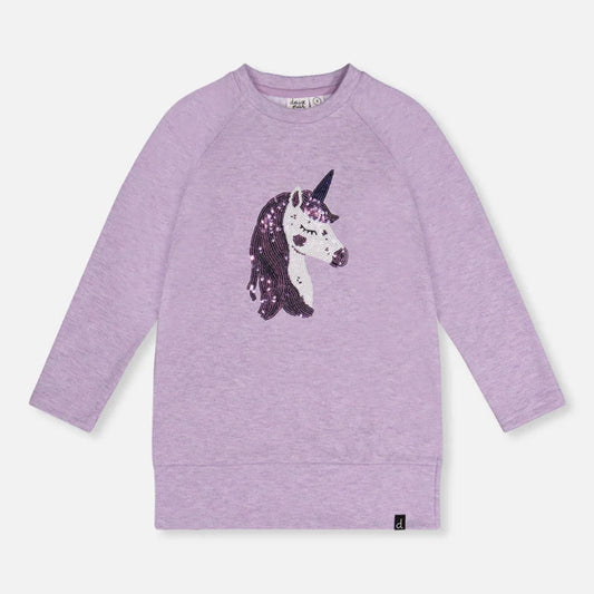 A kids' long-sleeve crewneck sweatshirt in heathered light purple, featuring a sequined unicorn graphic on the front chest.