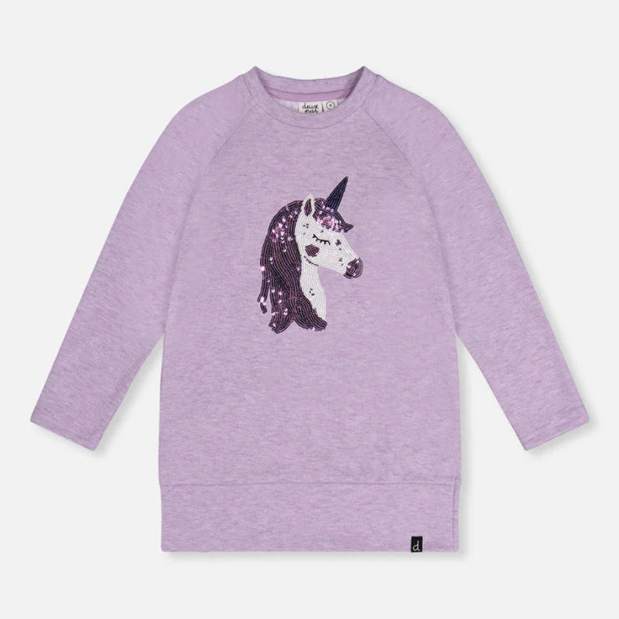 A kids' long-sleeve crewneck sweatshirt in heathered light purple, featuring a sequined unicorn graphic on the front chest.