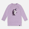 A kids' long-sleeve crewneck sweatshirt in heathered light purple, featuring a sequined unicorn graphic on the front chest.