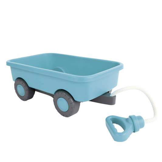 Blue toy cart with a handle on a white background