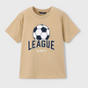 Beige t-shirt with 3D soccer ball graphic and text.