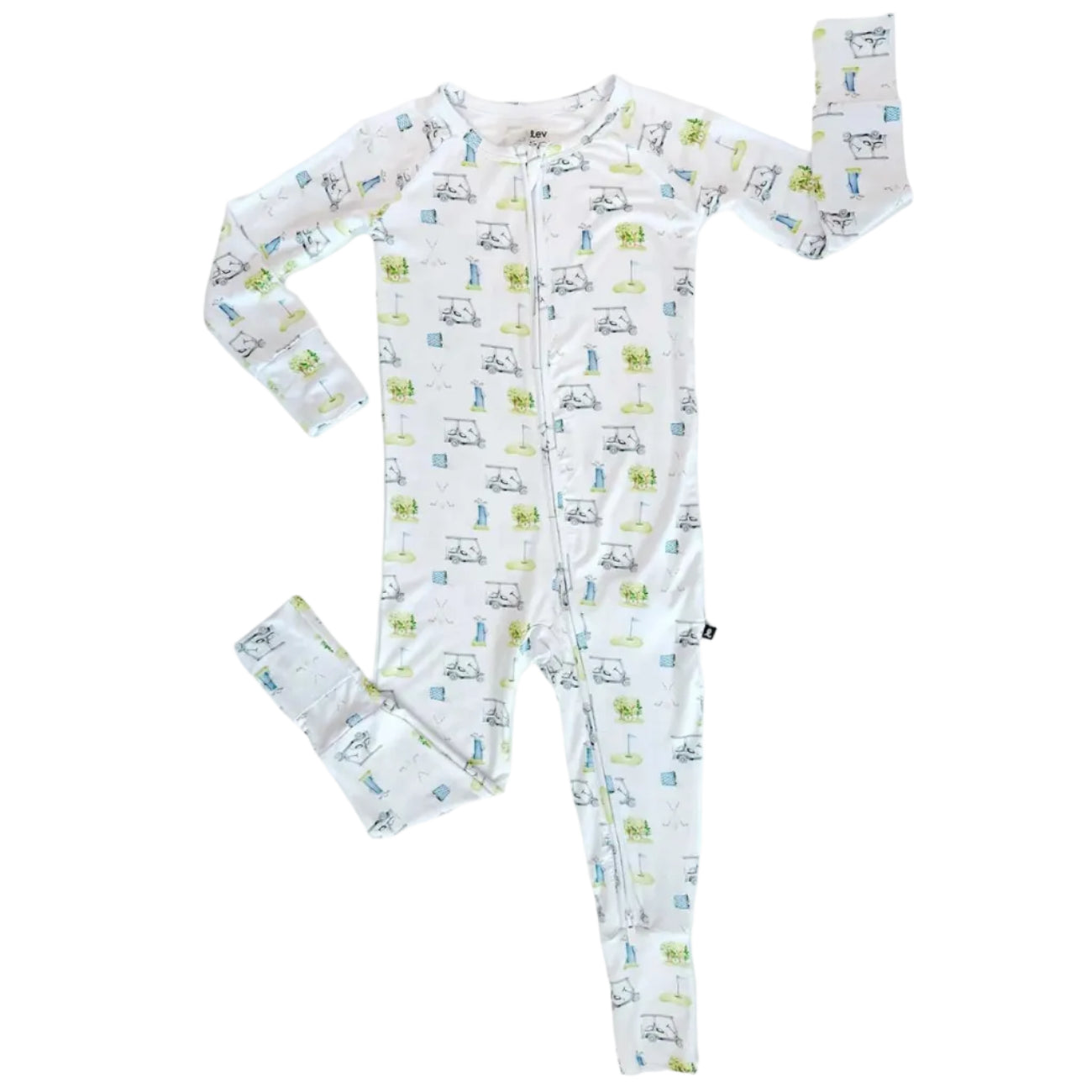 Baby convertible footie pajama in white with a golf theme all-over print