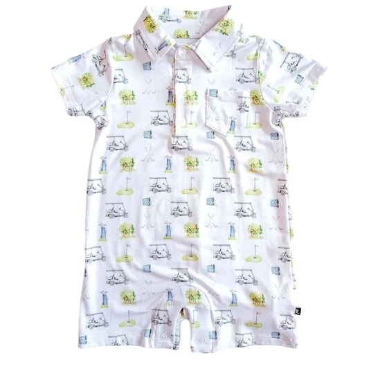 Baby polo romper with golf graphic all over print